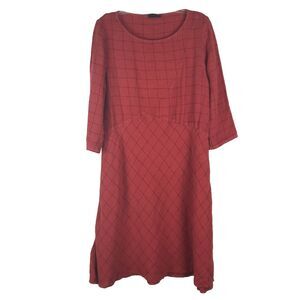 Lisa Bayne Dress Sz XS Lagenlook Oversize Fit Red Grid Print Long Sleeve Pockets